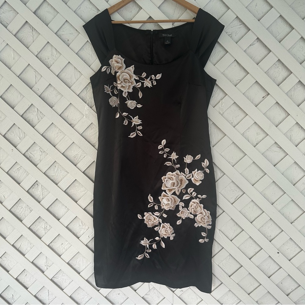 White House Black Market Black Mini Dress with Cream Floral Embroidery